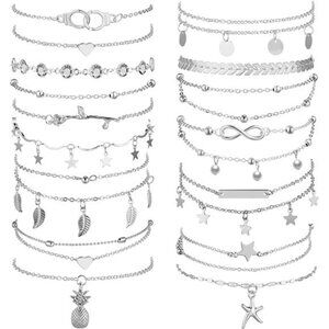 16Pieces Ankle Bracelets 14K for Women Anklets Set Silver Gold Boho Beach Anklet